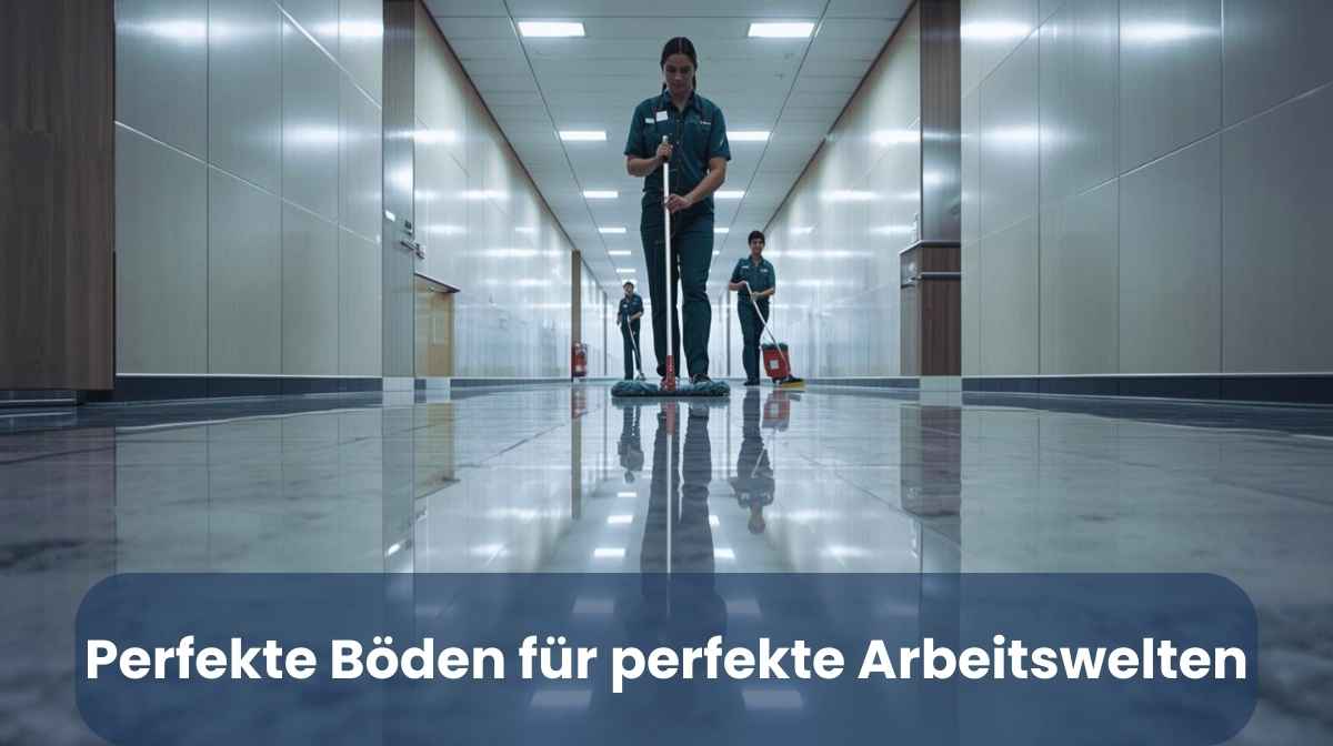 Büro-Immobilien Mehrere Reinigungskräfte reinigen einen glänzenden Boden in einem modernen Büroflur, professionelle Arbeitskleidung, gepflegte Umgebung, hochwertige Gebäudereinigung.