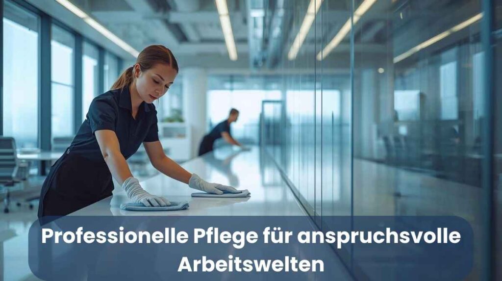 Büro-Immobilien Zwei Reinigungskräfte säubern Glasflächen und Tische in einem modernen, hellen Büro, professionelle Arbeitskleidung, gepflegte Arbeitsumgebung, hochwertige Gebäudereinigung.