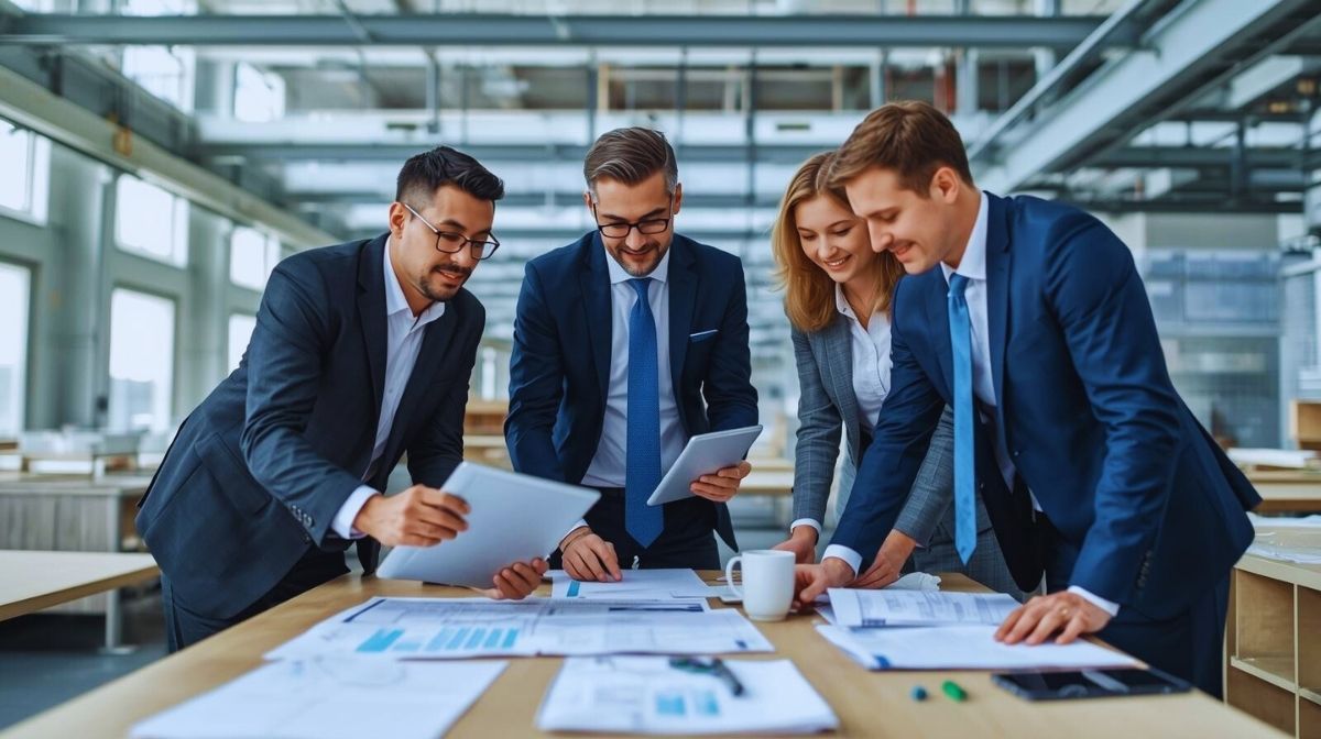 Professionelles Management‑Team bei der gemeinsamen Qualitätsplanung mit Dokumenten und Tablet in moderner Büroumgebung.