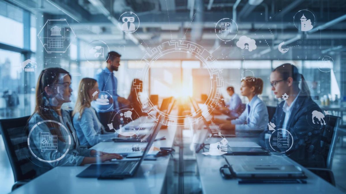 Über uns Modernes Großraumbüro mit Mitarbeitenden an Laptops, digital vernetzte Arbeitsumgebung mit grafischen Technologie‑Overlays.