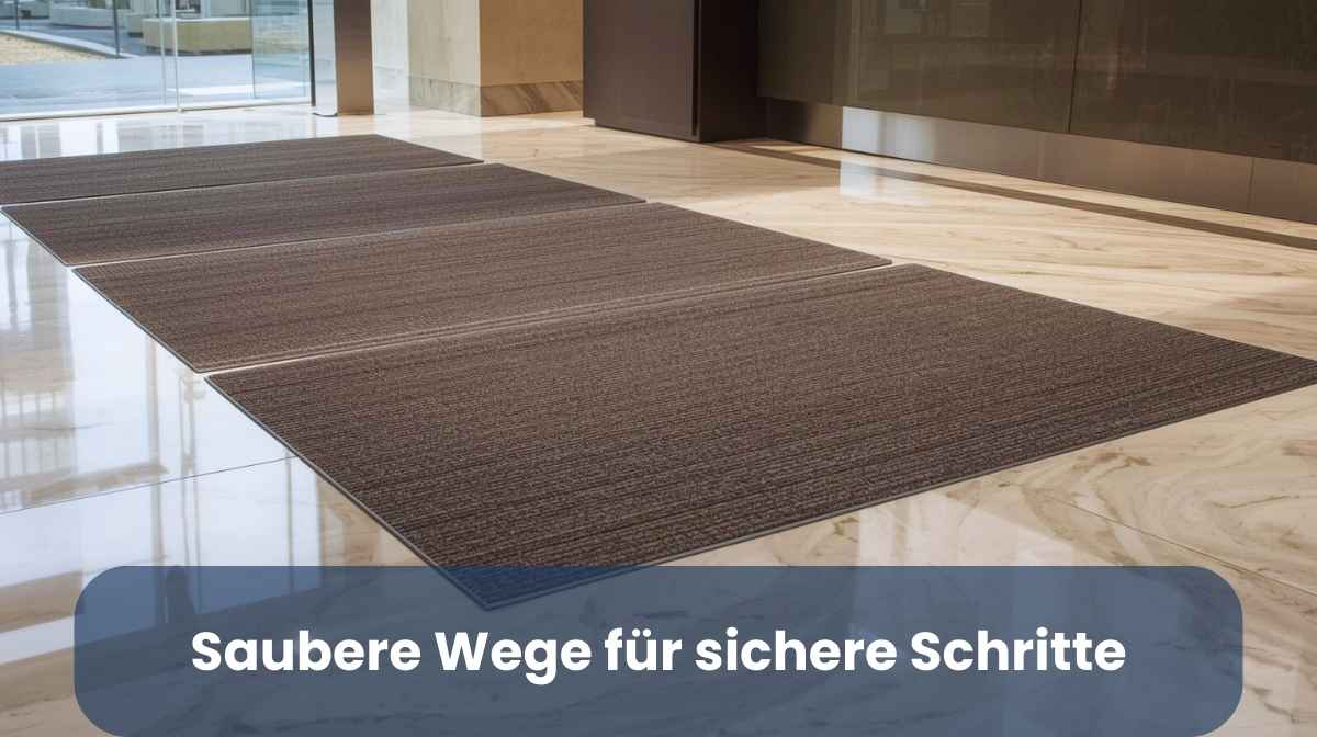 Büro-Immobilien Saubere Eingangsmatten in einem modernen Gebäude, glänzender Boden, gepflegter Eingangsbereich, professionelle Gebäudereinigung für sichere Laufwege.