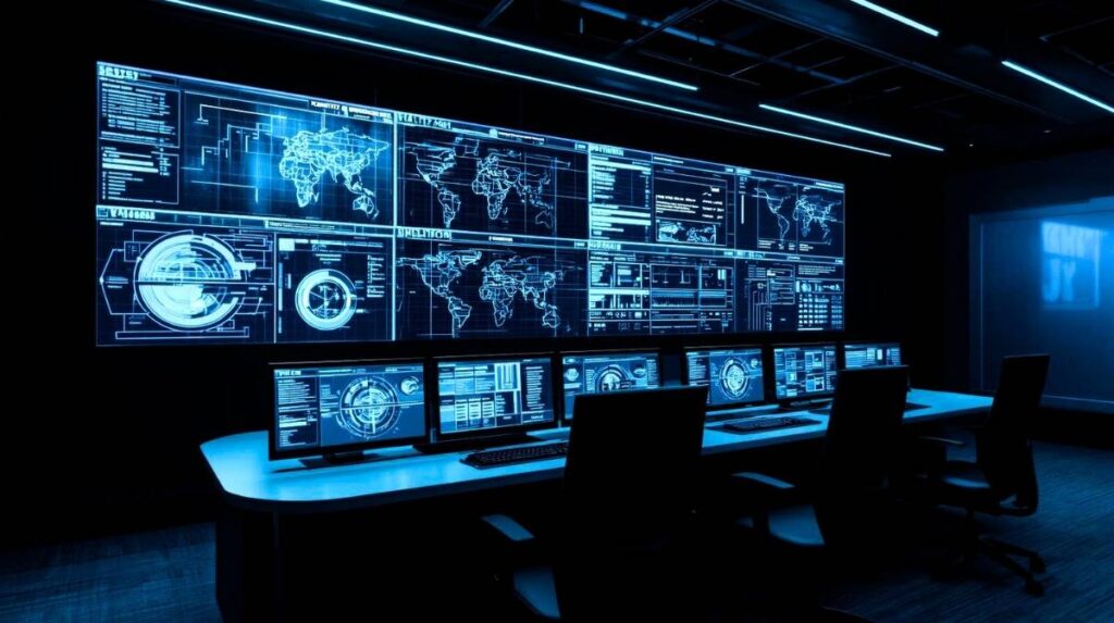 Kontrollraum mit Echtzeit‑Monitoring technischer Anlagen im Facility‑Management.