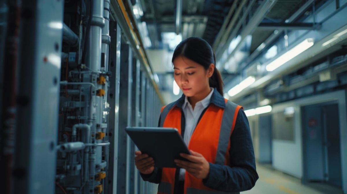 Techniker inspiziert technische Anlagen und nutzt ein Tablet zur Wartungs‑ und Lebenszyklusplanung.