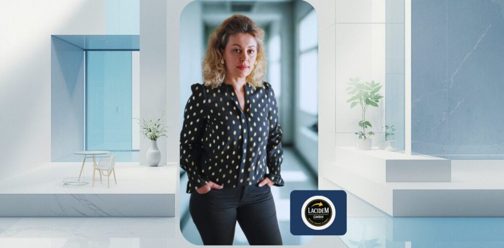 Person in moderner, hell beleuchteter Büro- oder Gebäudeflur-Umgebung, stehend in professioneller Haltung.