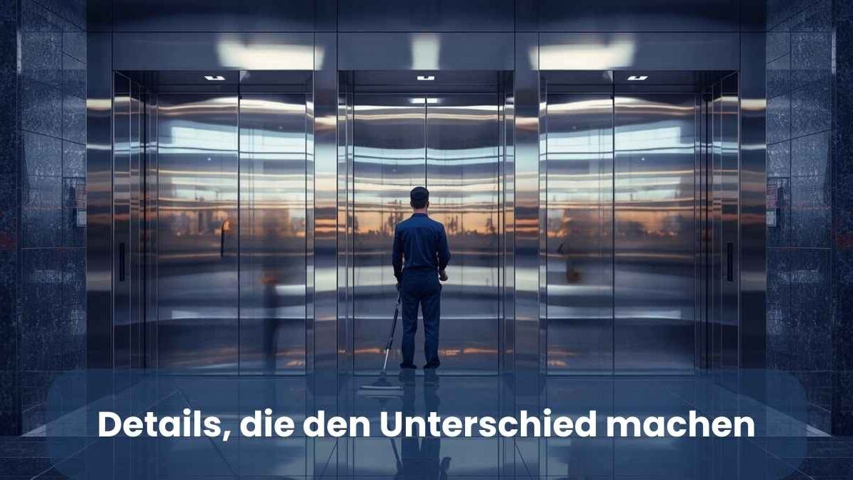 Person steht vor modernen Aufzugtüren in einem Bürogebäude, reflektierende Oberflächen, klare Linien.