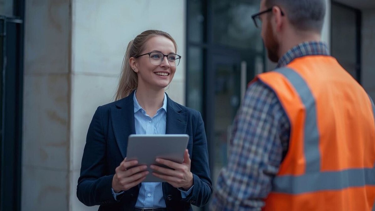 Zwei Personen stehen vor einem Gebäude und sprechen miteinander, eine Person trägt Business‑Kleidung und hält ein Tablet, die andere trägt eine orange Sicherheitsweste – typische Darstellung der Abstimmung zwischen Büro und Außendienst im Facility‑Management.