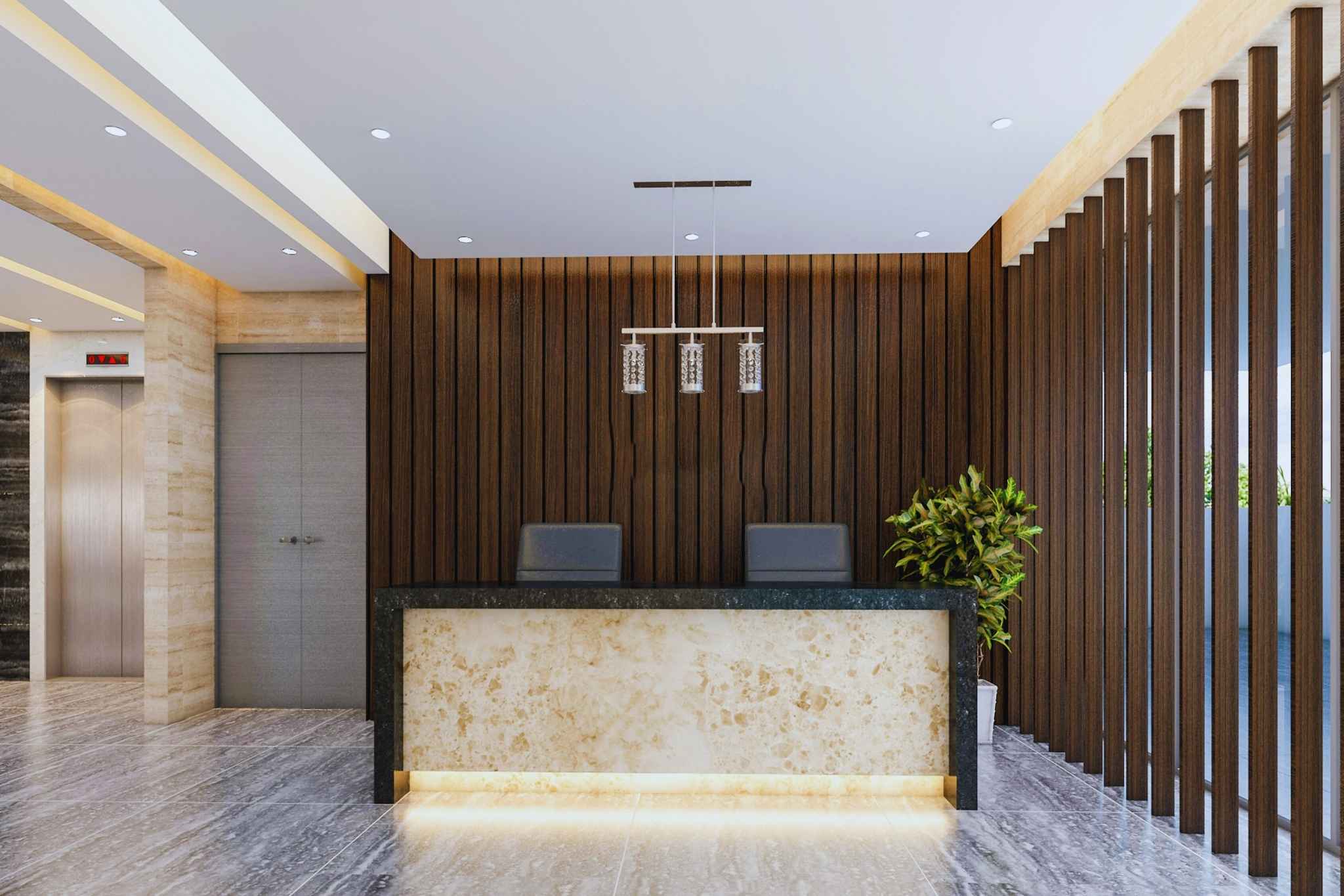 Heller, moderner Empfangsbereich mit Holzlamellen, Aufzügen und klaren Linien; ein minimalistischer Innenraum mit warmen Materialien und strukturierter Architektur.