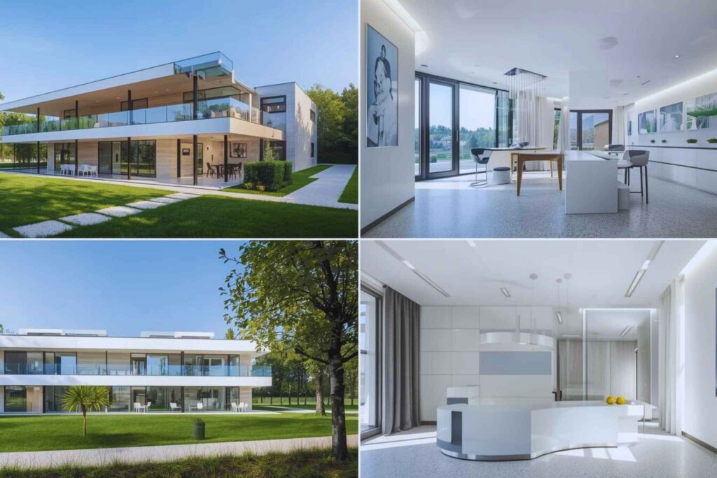 Collage eines modernen Wohnhauses mit großen Glasfronten, offenen Wohnbereichen und klarer, minimalistischer Architektur; helle Räume mit viel Tageslicht und reduzierter Gestaltung.