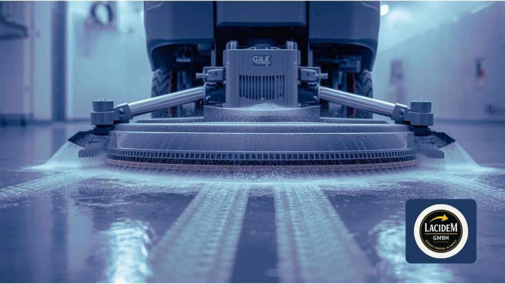 Professionelle Reinigungsmaschine bei der Bodenpflege – visuelle Darstellung von Unterhaltsreinigung vs Grundreinigung in modernen Einrichtungen.