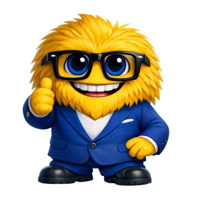 Lacidem „Gelbes, flauschiges 3D‑Maskottchen mit blauen Augen und schwarzer Brille im blauen Anzug mit roter Krawatte, freundlich lächelnd in professioneller Pose.
