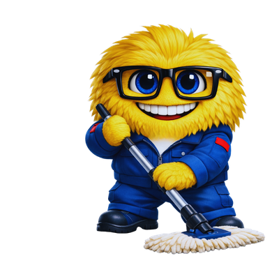 Lacidem Gelbes, flauschiges 3D‑Maskottchen mit blauen Augen und schwarzer Brille im Arbeitsanzug, beim Putzen mit einem Mop
