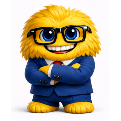 Lacidem Gelbes, flauschiges 3D‑Maskottchen mit blauen Augen und schwarzer Brille im blauen Anzug mit roter Krawatte, freundlich lächelnd in professioneller Pose.