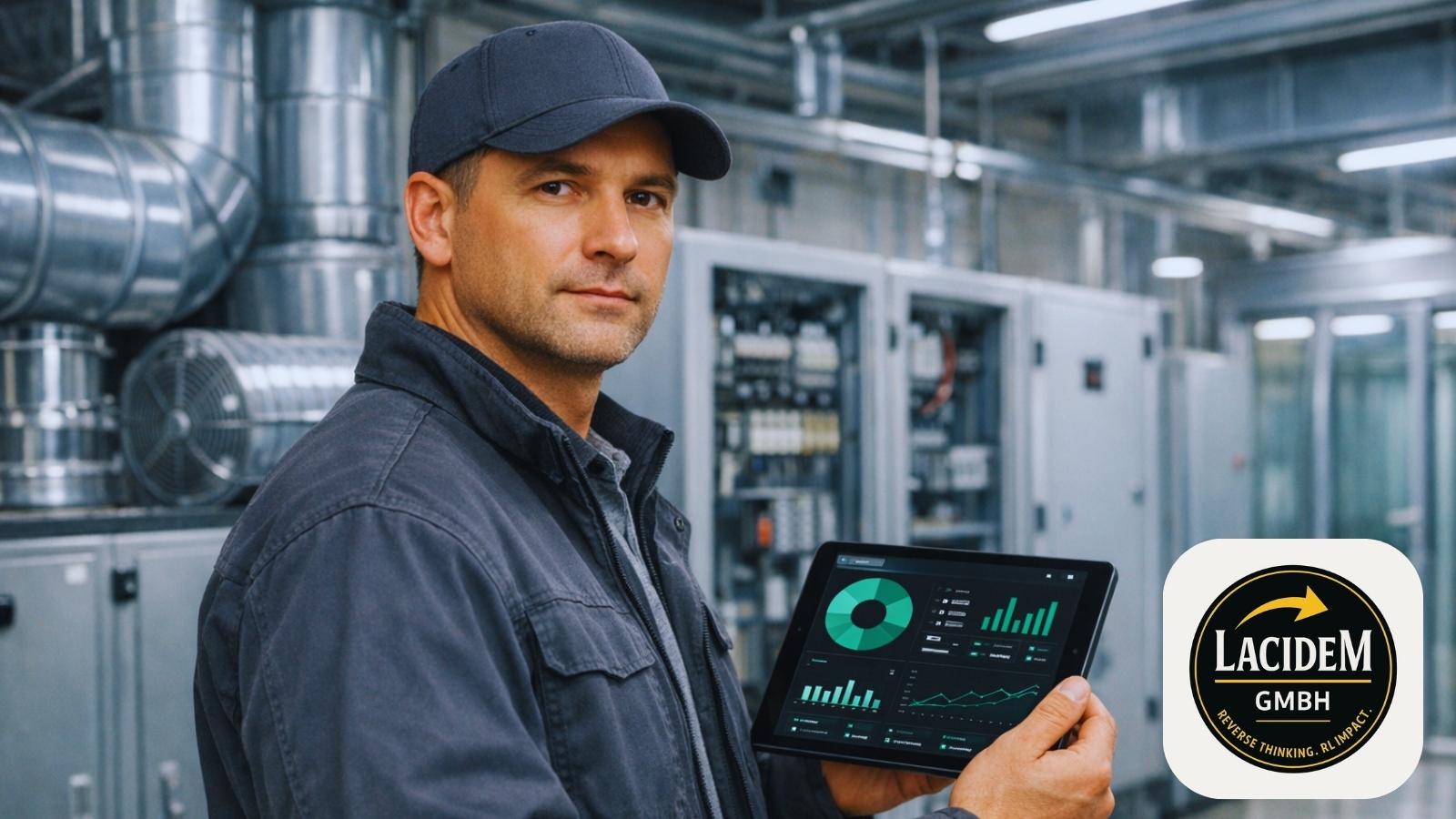 Techniker in dunkler Arbeitskleidung steht vor technischen Anlagen und überprüft Daten auf einem Tablet mit Diagrammen und Monitoring‑Grafiken.