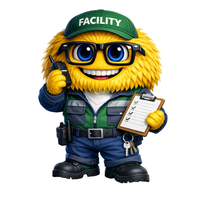 Lacidem „Gelbe, flauschige Cartoon‑Figur mit großer Brille und grüner Facility‑Cap, die ein Klemmbrett mit Checkliste und ein Funkgerät hält; freundlicher Facility‑Management‑Maskottchen‑Charakter der Lacidem GmbH.