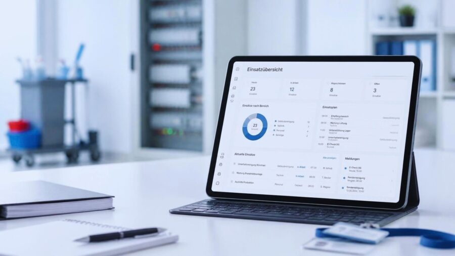 Tablet mit Einsatz‑Dashboard auf einem weißen Schreibtisch, im Hintergrund ein moderner Arbeitsplatz mit Regalen und Reinigungswagen – digitale Einsatzkoordination für Reinigung, Facility‑Management und Personalvermittlung.