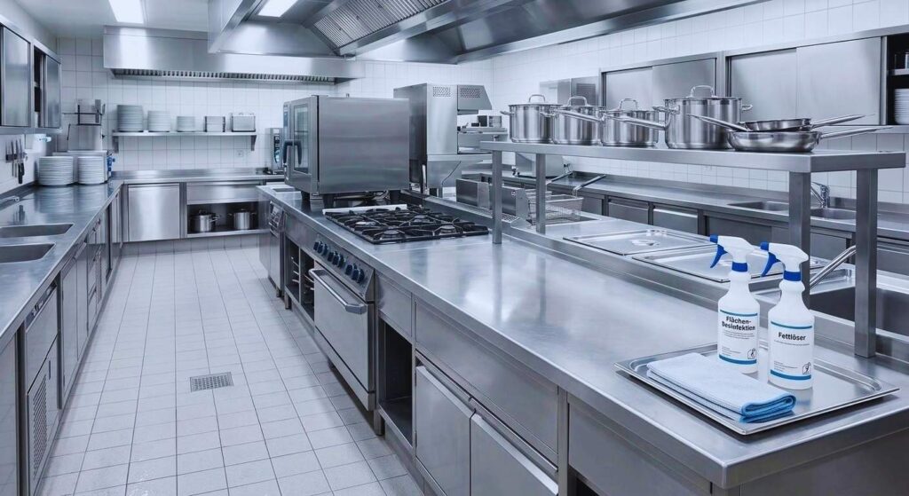 Gastronomie Saubere, professionelle Großküche mit Edelstahlflächen, Kochstationen und geordneten Reinigungsutensilien.