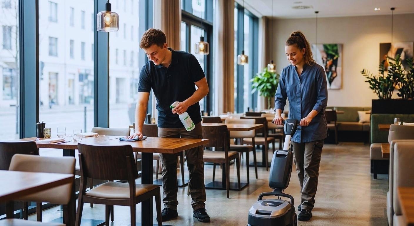 Gastronomie Reinigungskräfte säubern einen modernen Gastronomiebereich mit Tischreinigung und Bodenmaschine.