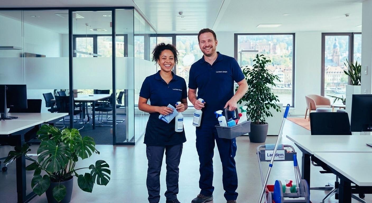 Heidelberg Zwei Reinigungskräfte in einem modernen Büro der Lacidem‑Zentrale mit Reinigungsmaterialien und Arbeitsplätzen im Hintergrund.