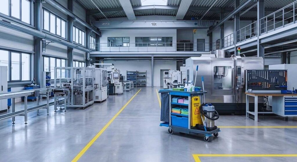 Ein großer, sauberer Industriebereich mit Maschinen, Werkstationen, hohen Fenstern und markierten Sicherheitswegen.