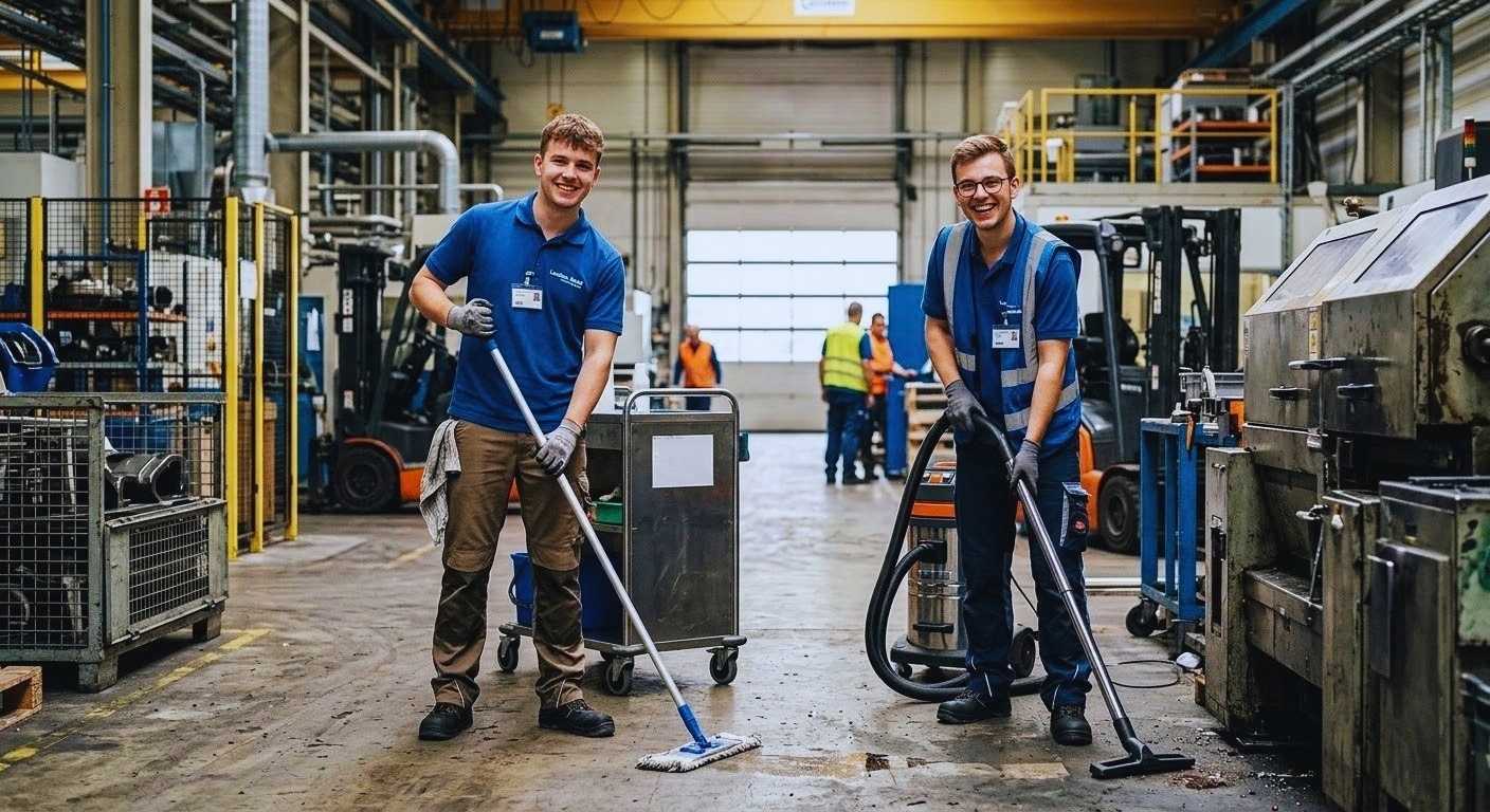 Reinigungskräfte säubern den Boden in einer industriellen Werkhalle mit professionellen Geräten.