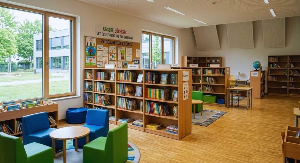 Heller Bibliotheksraum mit Holzregalen, runden Tischen und farbigen Stühlen in einer freundlichen Lernumgebung.