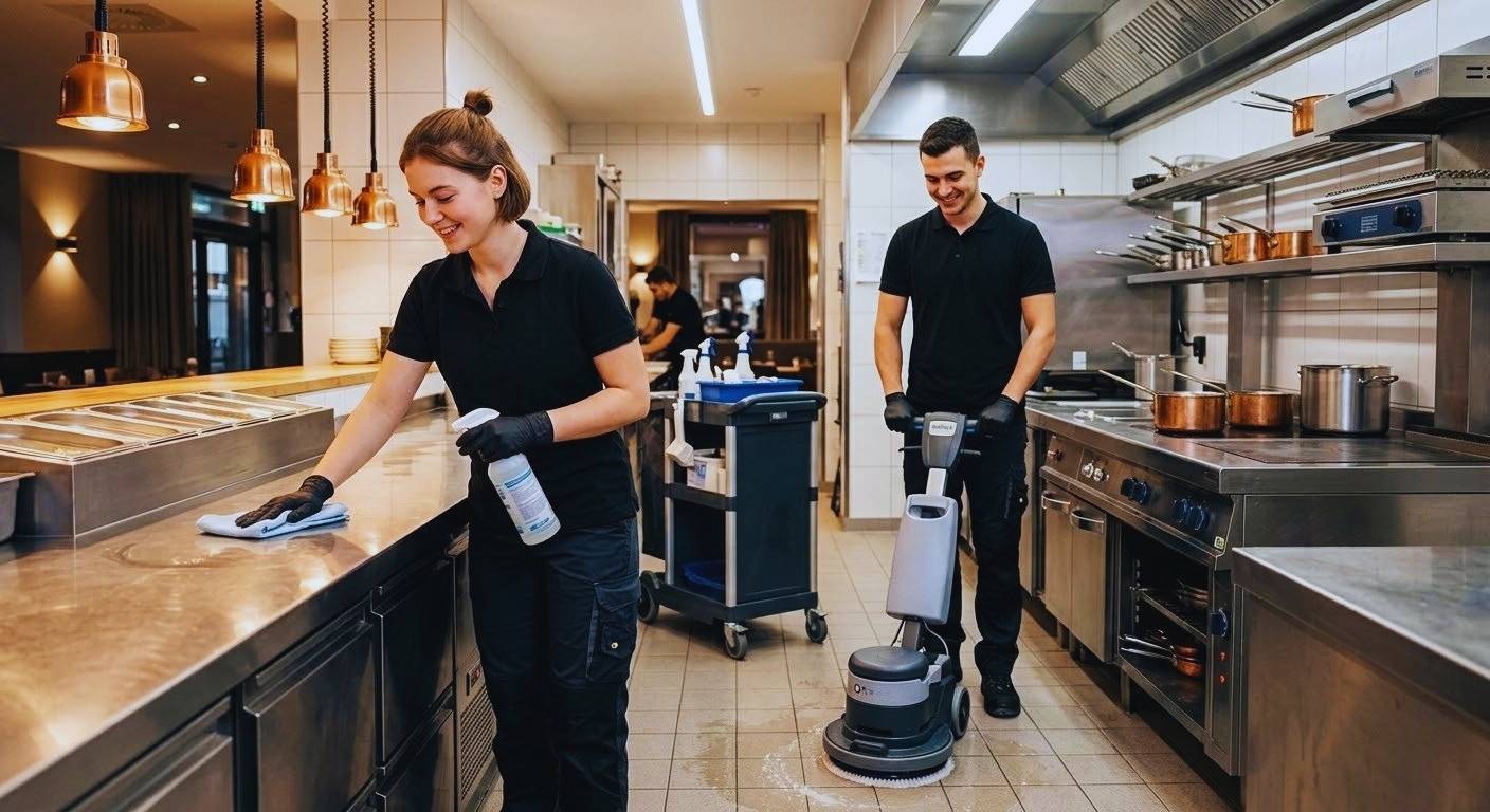 Gastronomie Reinigungskräfte säubern eine moderne Großküche mit Edelstahlflächen und Bodenmaschine.