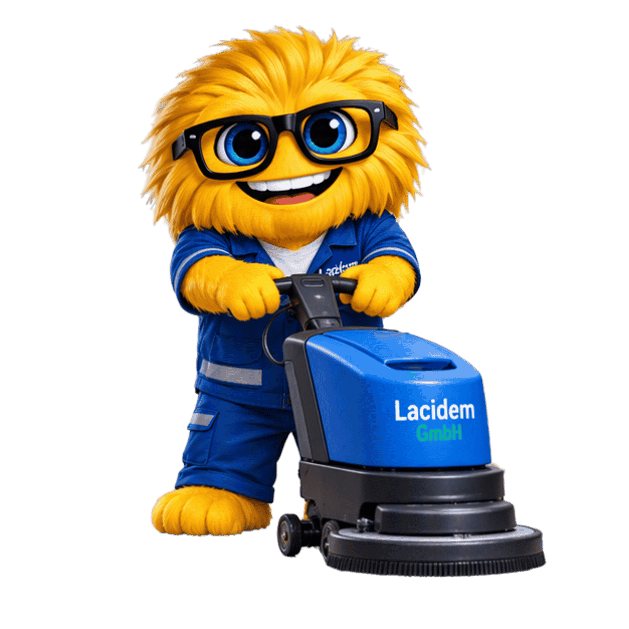 Gelbes Maskottchen in blauer Arbeitskleidung führt eine Bodenreinigungsmaschine – Symbol für Sauberkeit, Sicherheit und gepflegte Flächen.