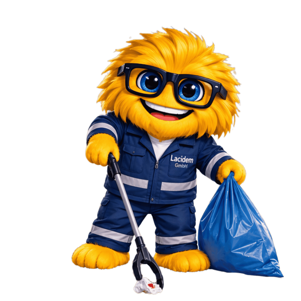 Gelbes Maskottchen in blauer Arbeitskleidung sammelt Abfall mit Greifzange und Müllsack – Symbol für Sauberkeit, Ordnung und verantwortungsbewusste Entsorgung.