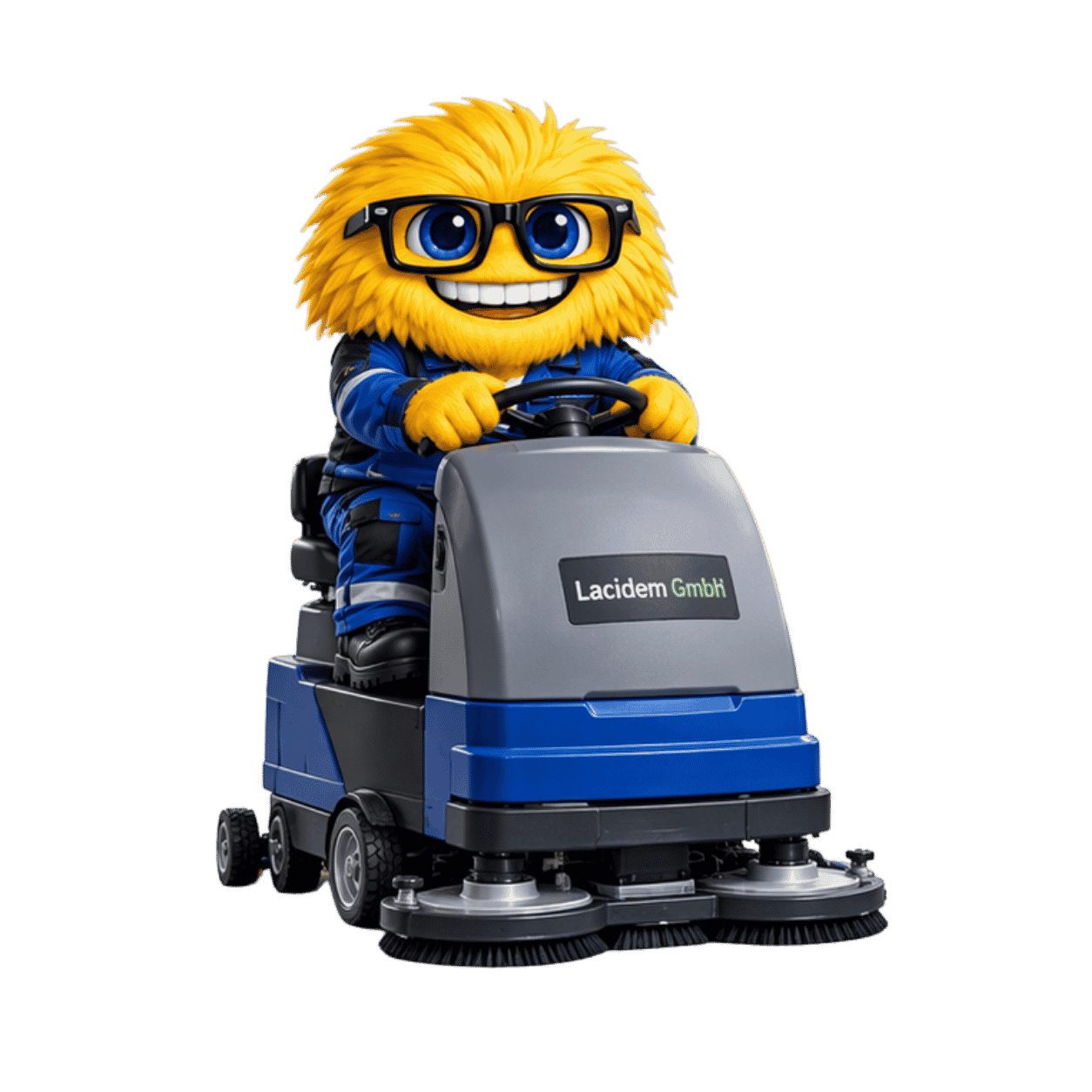 Maskottchen Laci auf einer Reinigungsmaschine mit Lacidem‑Branding.