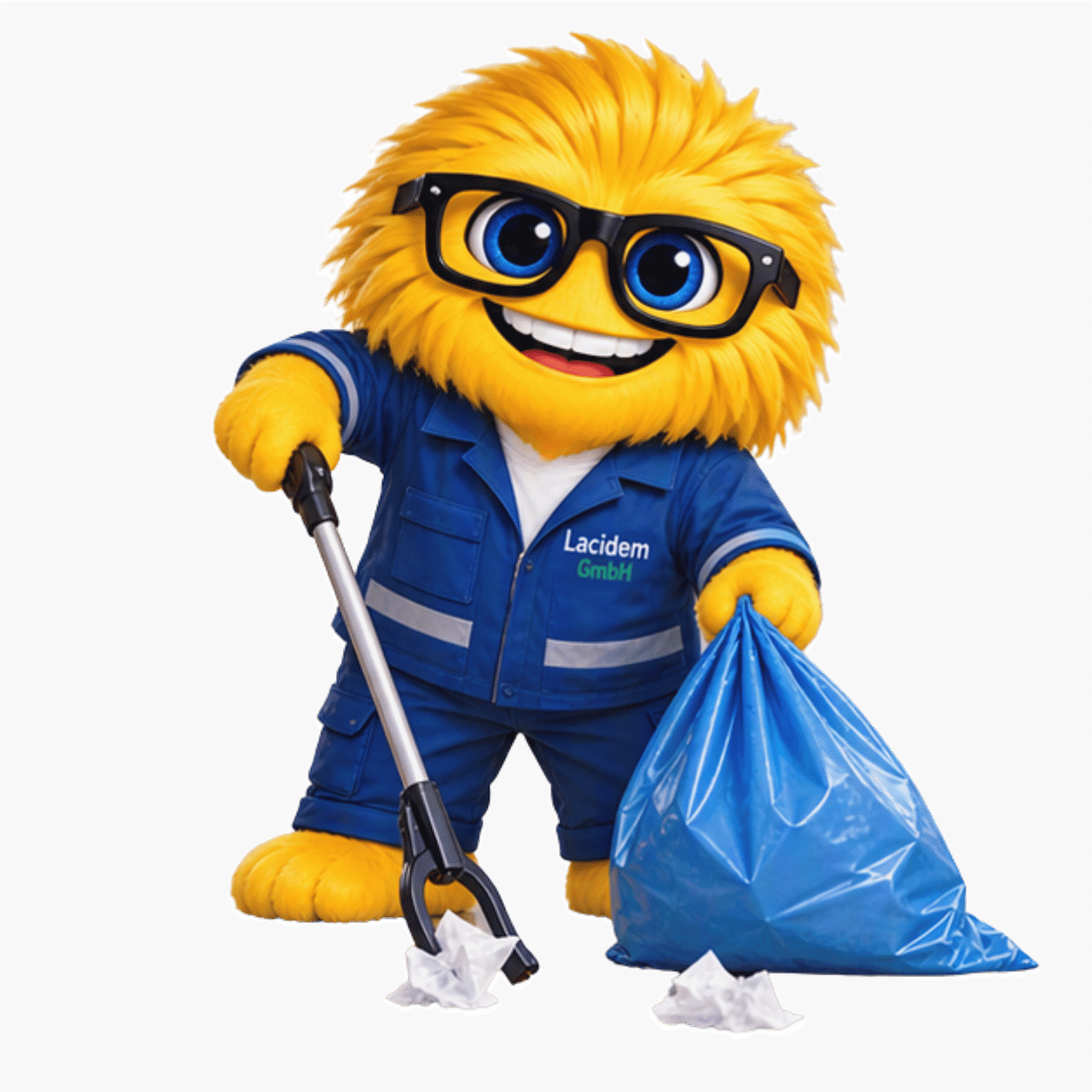 Gelbes Maskottchen in blauer Arbeitskleidung sammelt Abfall mit Greifzange und Müllsack – Symbol für Sauberkeit, Ordnung und verantwortungsvolle Entsorgung.