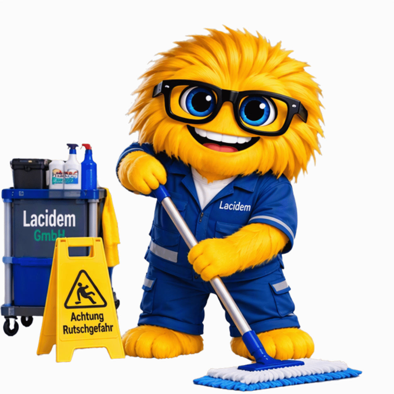 Einzelhandel Gelbes Maskottchen in blauer Arbeitskleidung steht mit Mopp und Reinigungswagen neben einem Warnschild – Symbol für Sauberkeit und sichere Arbeitsabläufe.