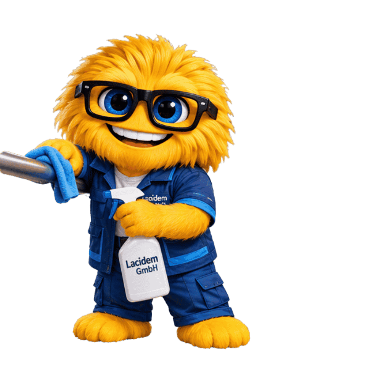 Gelbes Maskottchen in blauer Arbeitskleidung steht mit Sprayflasche bereit – Symbol für Sauberkeit und sichere Abläufe.
