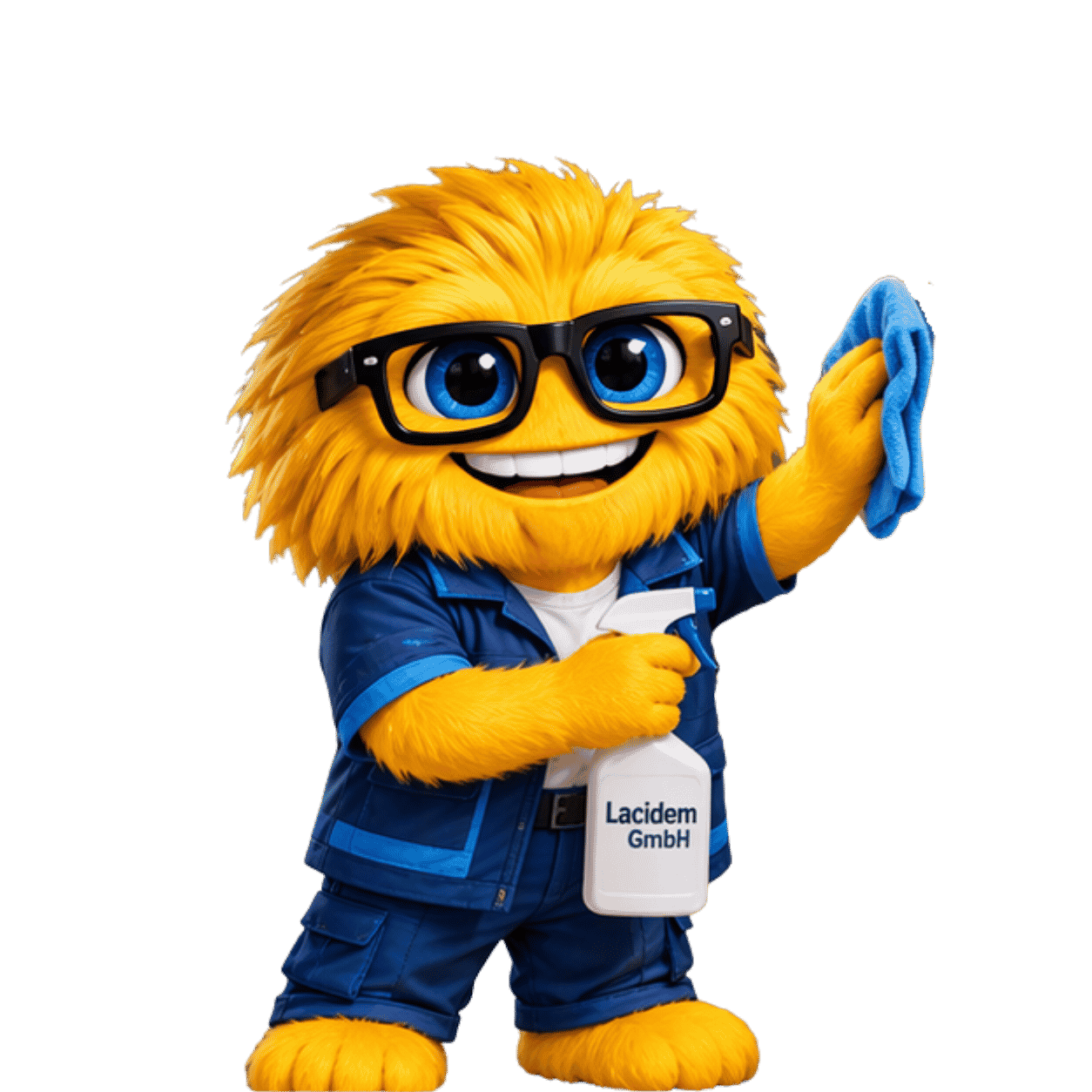 Heidelberg Gelbes Maskottchen in blauer Reinigungskleidung hält Tuch und Sprayflasche – Symbol für Sauberkeit, Hygiene und sichere Abläufe.