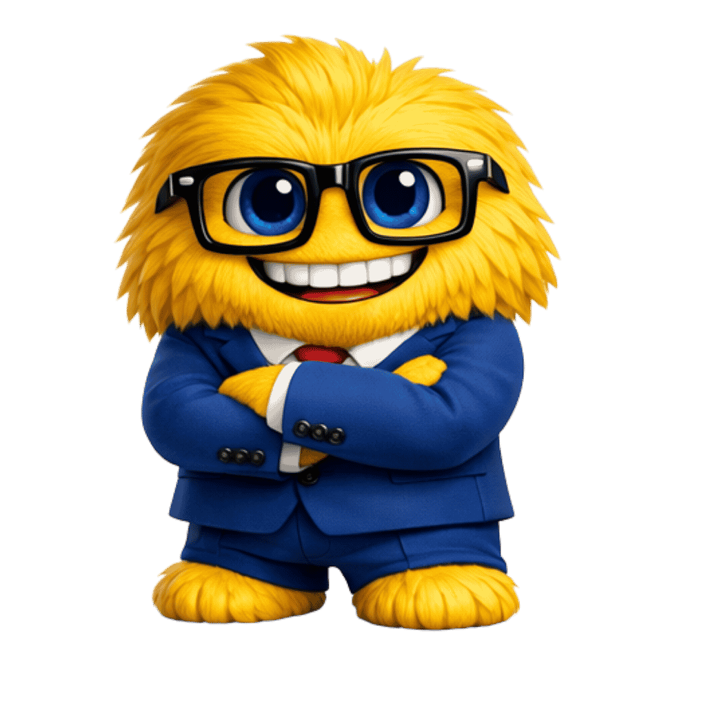 Gelbes, flauschiges 3D‑Maskottchen mit blauen Augen und schwarzer Brille im blauen Anzug mit roter Krawatte, freundlich lächelnd in professioneller Pose.