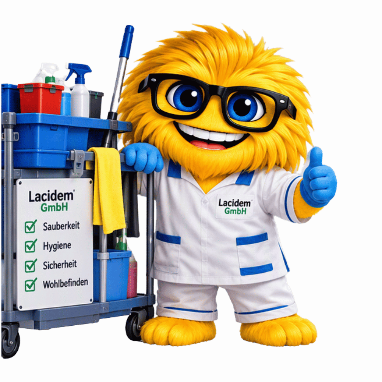 Gesundheit und Pflege Gelbes Maskottchen in Pflegearbeitskleidung steht neben einem Reinigungswagen und signalisiert Sauberkeit, Hygiene, Sicherheit und Wohlbefinden in Einrichtungen.