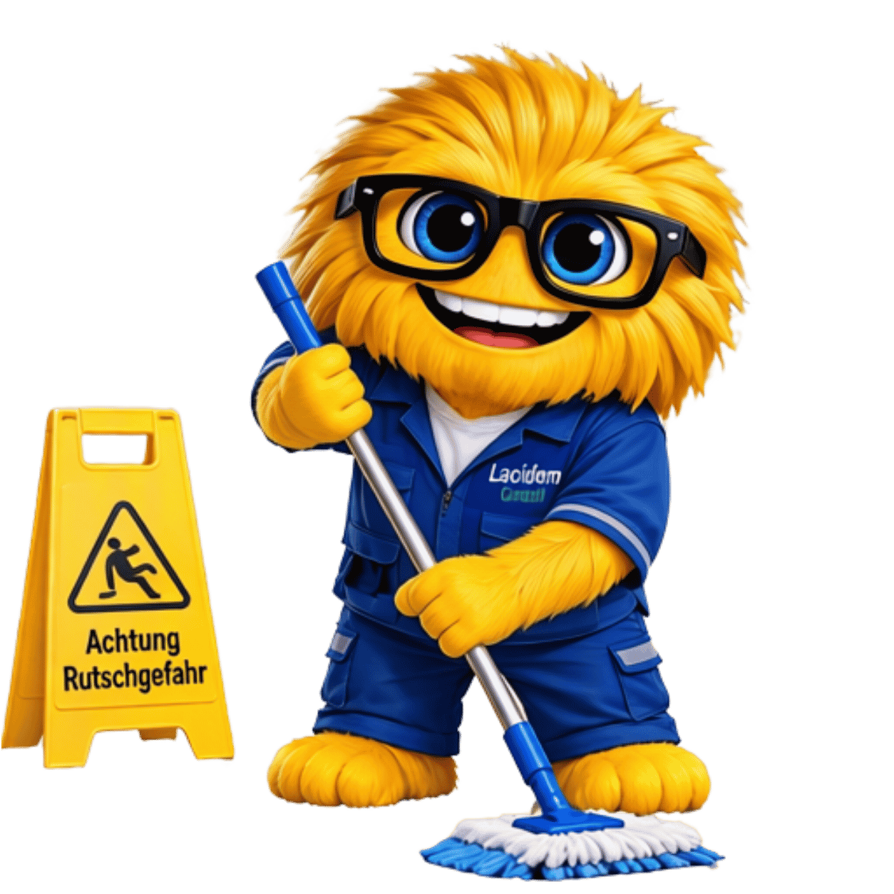 Heidelberg lacid reinigt den Gelbes Maskottchen in blauer Arbeitskleidung wischt den Boden mit einem Mopp neben einem Warnschild – Symbol für Sauberkeit und sichere Arbeitsabläufe.