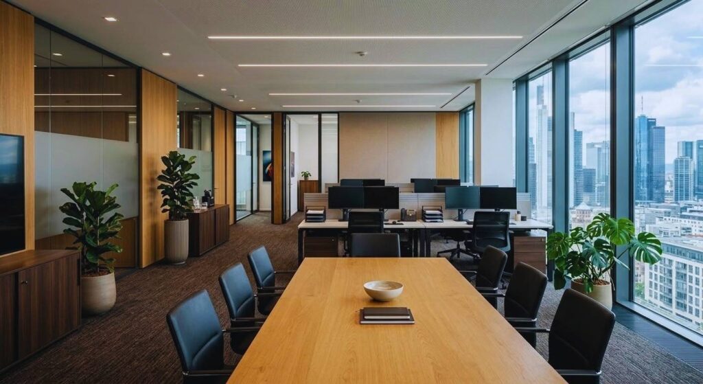 Ein moderner Büroraum mit großem Konferenztisch, schwarzen Stühlen, bodentiefen Fenstern und Blick auf eine städtische Skyline; im Hintergrund mehrere Arbeitsplätze mit Monitoren und Pflanzen.