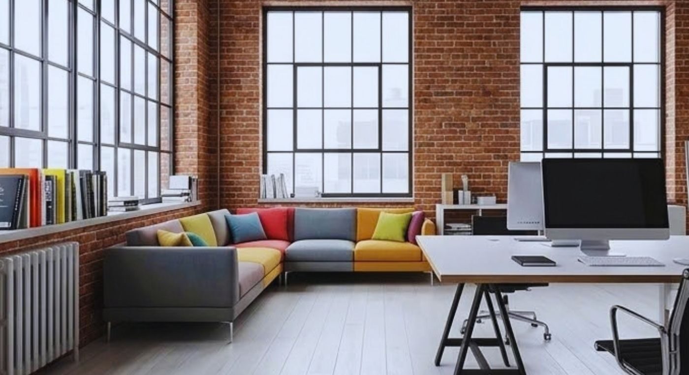 Ein moderner Büroraum mit großem Konferenztisch, schwarzen Stühlen, bodentiefen Fenstern und Blick auf eine städtische Skyline; im Hintergrund mehrere Arbeitsplätze mit Monitoren und Pflanzen.