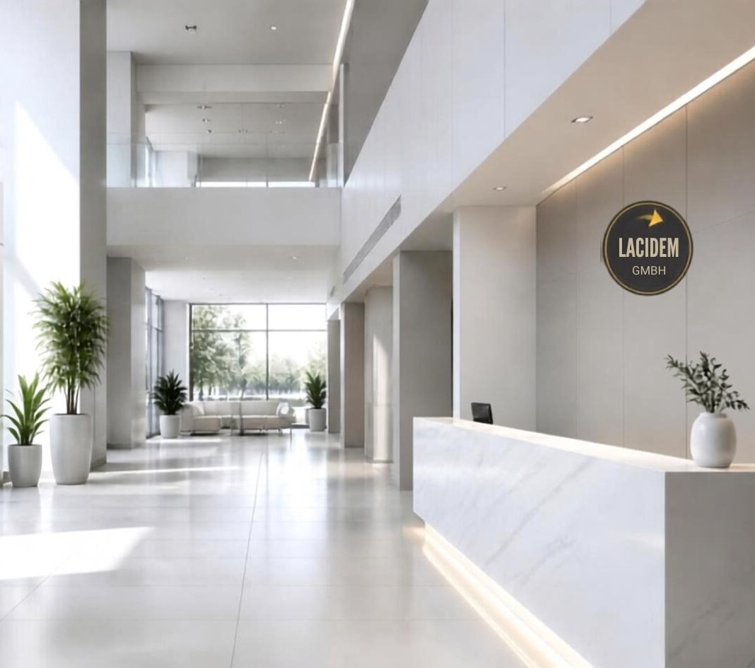 Moderner, heller Empfangsbereich mit weißem Tresen, großen Glasfronten und minimalistischer Architektur, ideal für professionelle Gebäudereinigung und Facility‑Management.