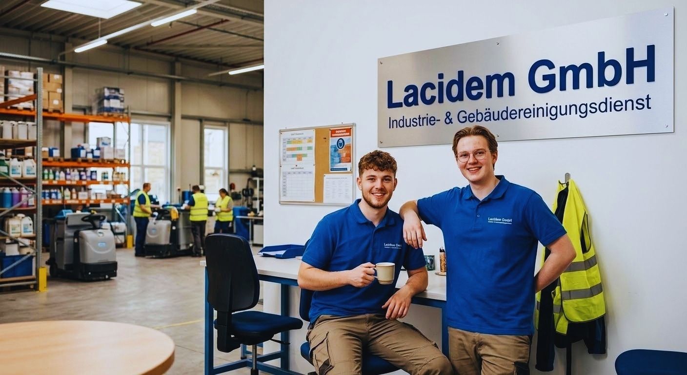 Mitarbeitende in einem Industriearbeitsbereich vor einem Firmenschild, umgeben von Reinigungs- und Arbeitsmaterialien.