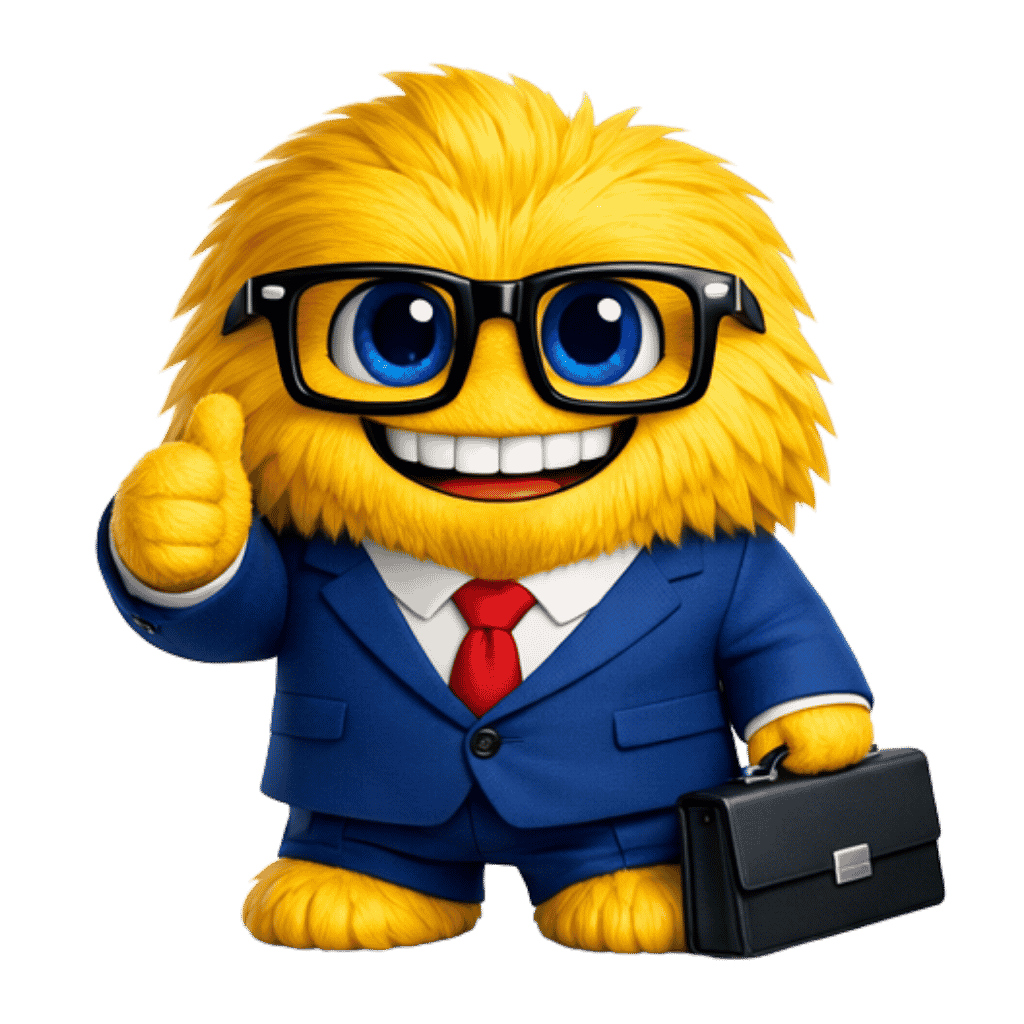 Maskottchen Laci im Business‑Anzug mit Aktentasche und Daumen hoch.