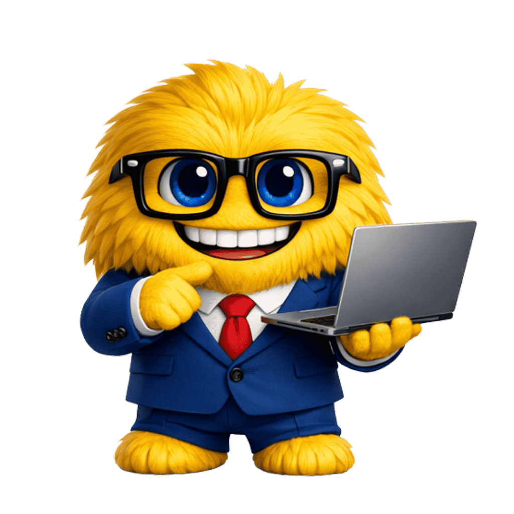 Emmertsgrund Gelbes Maskottchen „Laci“ im blauen Business‑Anzug mit Laptop und freundlichem Ausdruck.