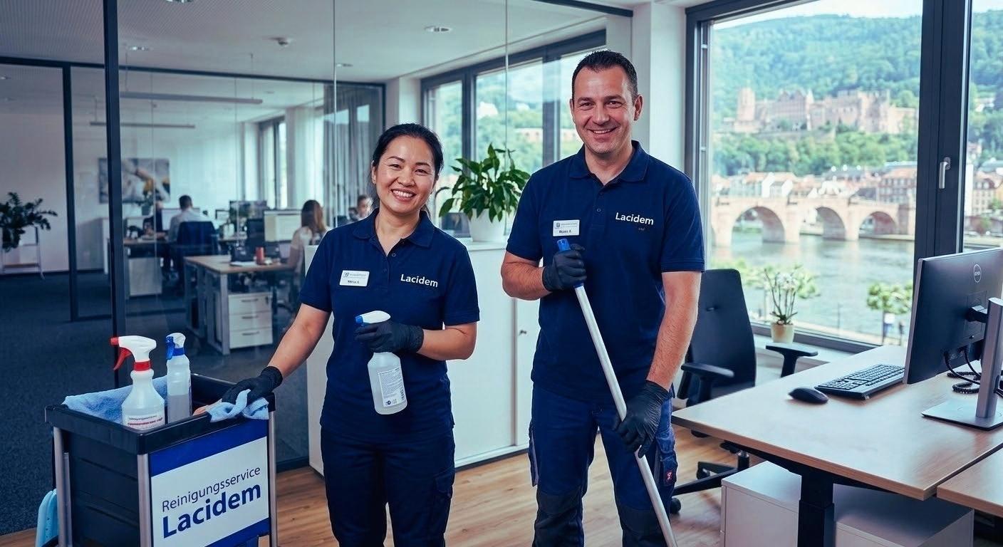 Zwei Reinigungskräfte in einem modernen Büro mit Blick auf Fluss und Brücke, ausgestattet mit Reinigungswagen und Arbeitsmaterialien.