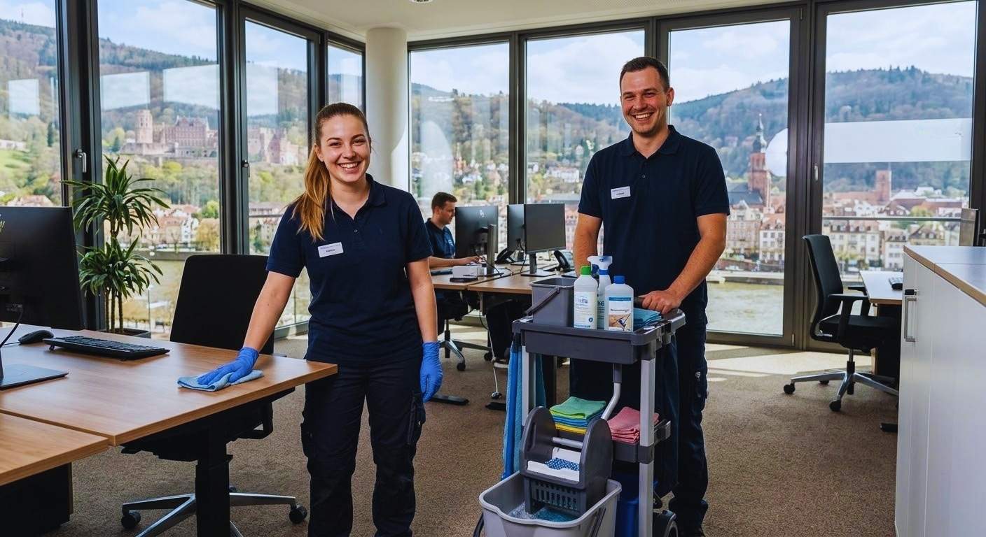 Reinigungskräfte in einem modernen Büro, die Arbeitsflächen säubern und einen Wagen mit Reinigungsmaterialien nutzen.