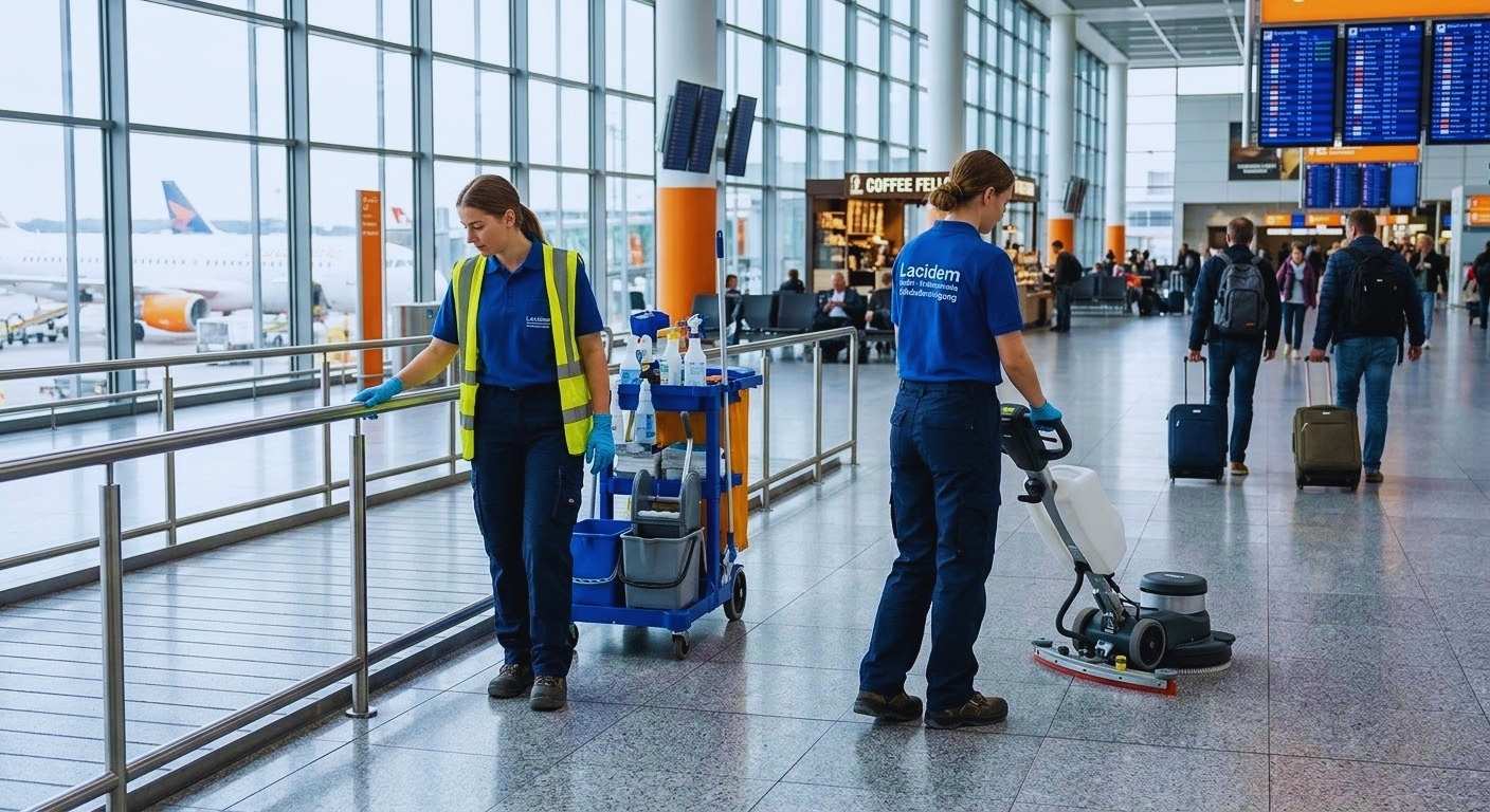 Reinigungskräfte arbeiten in einem modernen Flughafenterminal mit Bodenmaschine und Reinigungswagen.