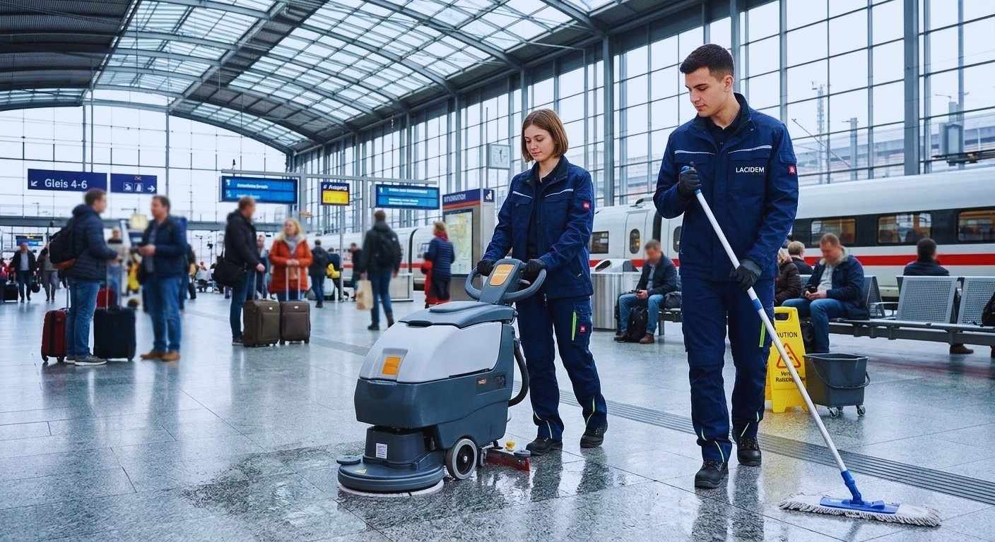 Reinigungskräfte säubern den Boden in einem modernen Bahnhof mit Reinigungsmaschine und Mopp.