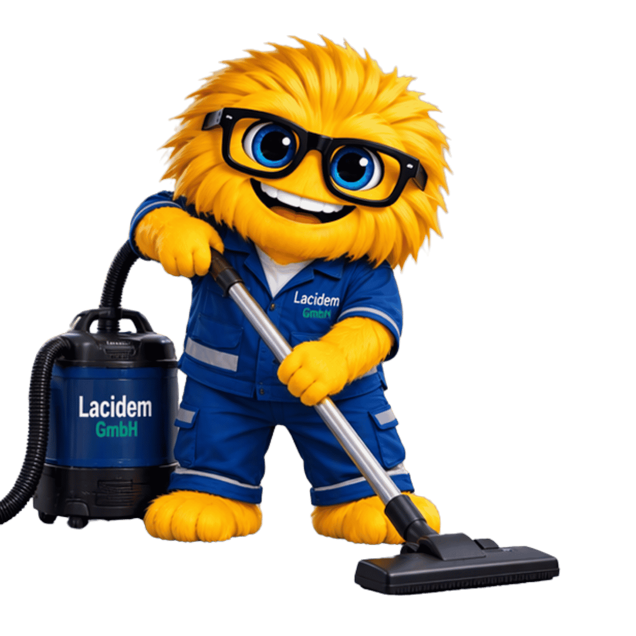 Gelbes Maskottchen in blauer Arbeitskleidung saugt den Boden mit einem Staubsauger – Symbol für Sauberkeit, Ordnung und sorgfältige Reinigungsabläufe.