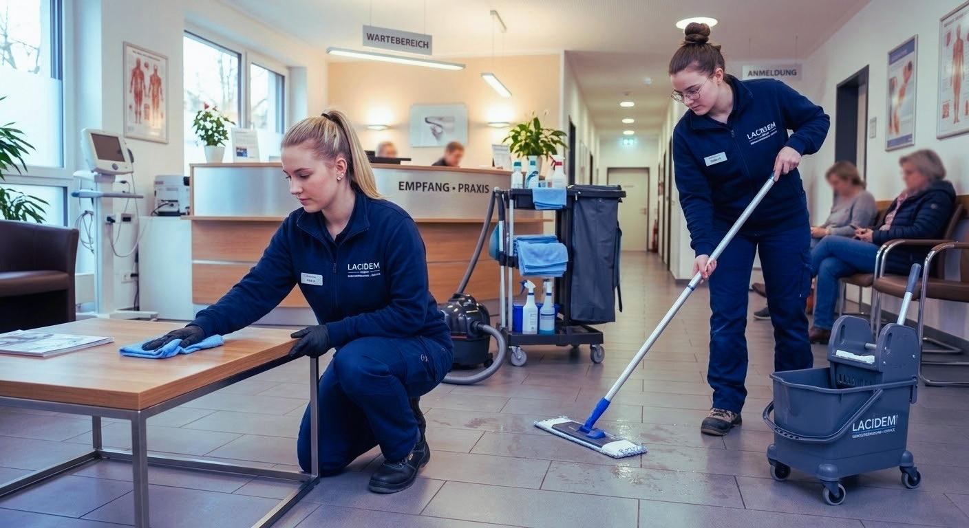 Südstadt Reinigungskräfte säubern einen hellen Empfangsbereich mit Tischreinigung und Bodenpflege.