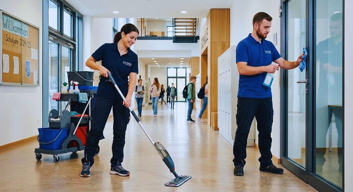 Reinigungskräfte säubern einen hellen Gebäudeflur mit Mopp und Glasreinigung, begleitet von einem Reinigungswagen.