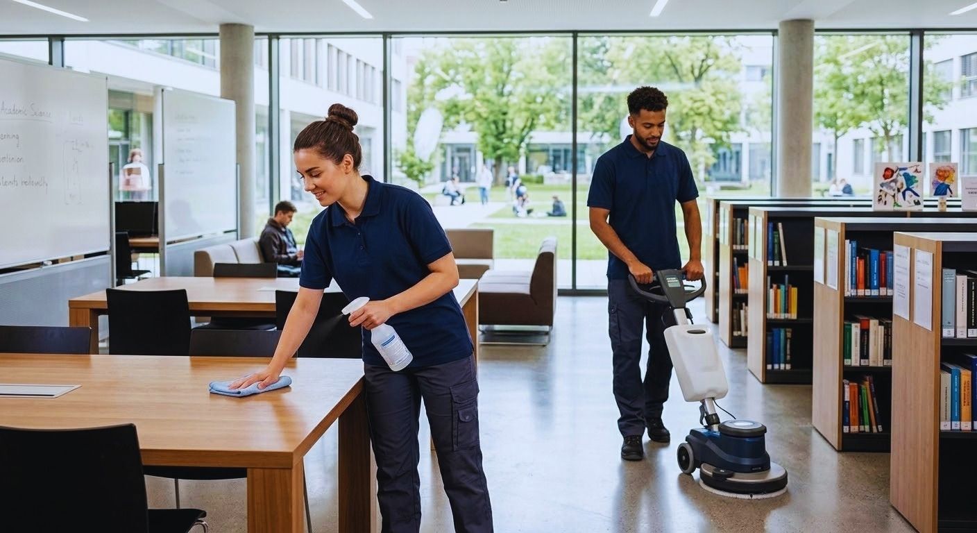 Reinigungskräfte säubern einen modernen Bibliotheks‑ oder Lernraum mit Tischreinigung und Bodenmaschine.